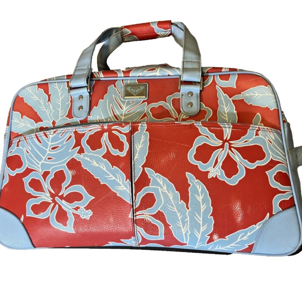 VTG Roxy Red Blue Floral Hawaiian tropical 25” Large Rolling Duffle Bag luggage - Picture 8 of 16